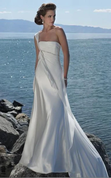 A-Line One Shoulder Beading Satin Court Train Wedding Dress
