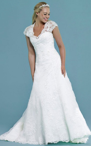 Cap-Sleeve V-Neck Appliqued Long Lace Wedding Dress Styles