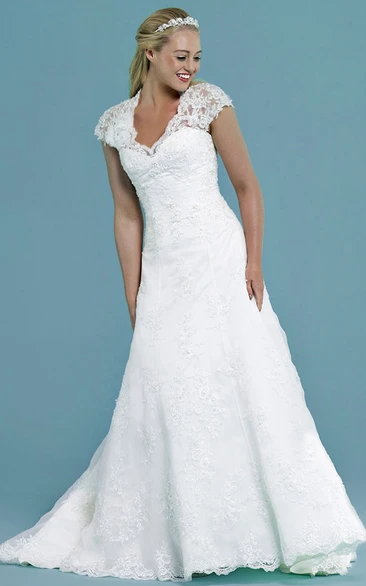 Cap-Sleeve V-Neck Appliqued Long Lace Wedding Dress