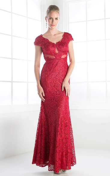 Sheath Ankle-Length V-Neck Short Sleeve Lace Deep-V Back Dress With Beading