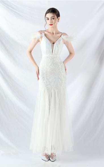 9-Color Craft-Made Camel Bird Feather Mesh Sequin Sexy Suspender Evening Dress