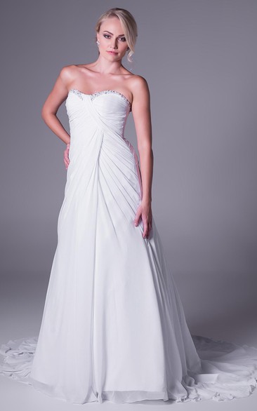 Sheath Ruched Long Sweetheart Chiffon Wedding Dress With Beading And V Back