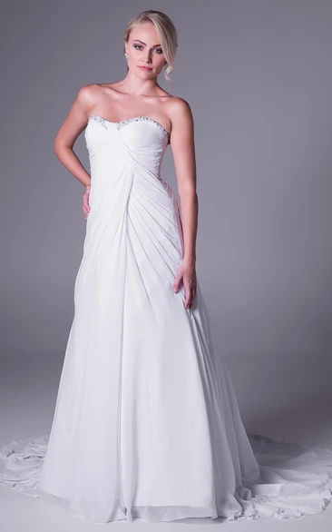 Sheath Ruched Long Sweetheart Chiffon Wedding Dress With Beading And V Back