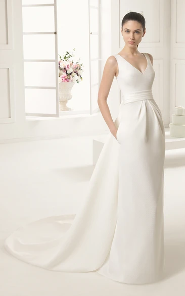 V Back Column Simple-Designed V-Neck Dress With Bow