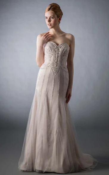 Sheath Beaded Sweetheart Sleeveless Tulle Wedding Dress With Brush Train