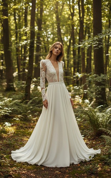 Illusion V-Neck Long Sleeve Lace Chiffon Forest Wedding Dress