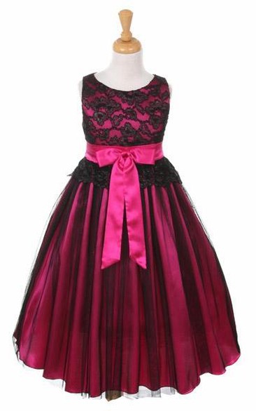 Tea-Length Sleeveless Tulle&Lace Flower Girl Dress