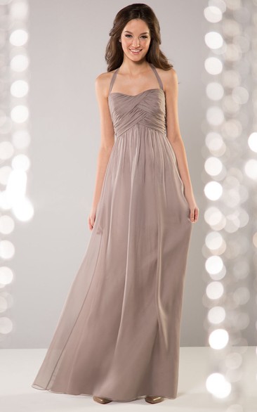 Halter Floor-Length Bridesmaid Dress With Criss Cross Ruching And Bow