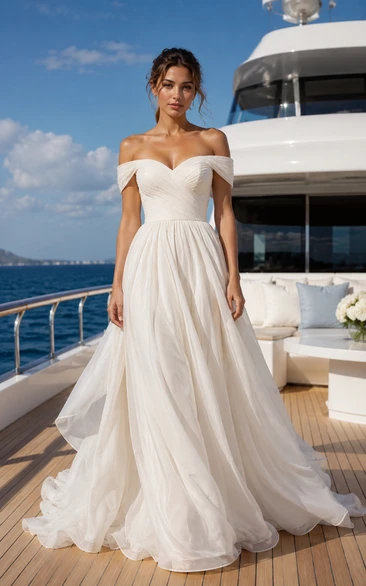 White Off-the-shoulder Tulle A-line Wedding Dress with Pleats