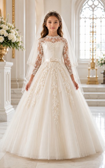 Long Sleeve Lace Illusion Ivory Tulle First Communion Ball Gown