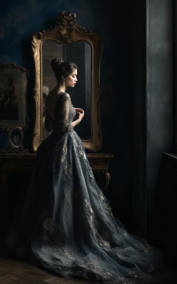 Illusion Long Sleeve Deep Blue Applique Elegant Gothic Wedding Dress