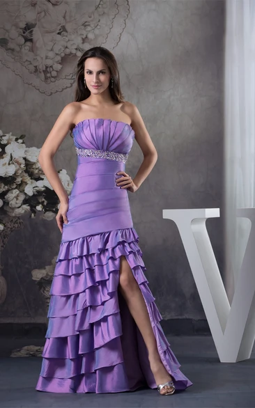 Sleeveless Front-Split Ruched Jeweled Waist and Dress With Tiers