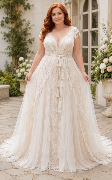Plus Size Ivory V-Neck Lace A-Line Wedding Dress with Sash Tie Detail