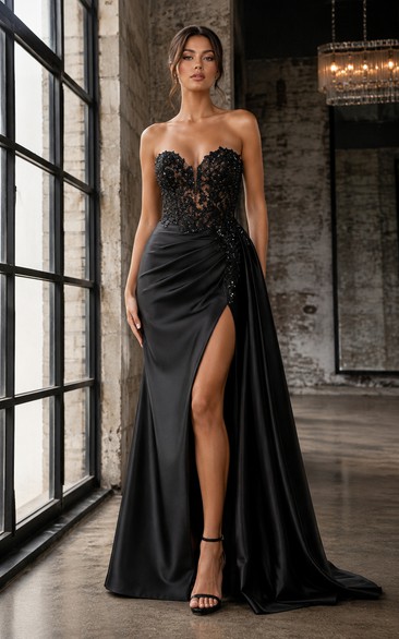 Satin Prom Dress in Black, Strapless, Sweetheart Mermaid Sweep Train Gown with Appliques and Drape