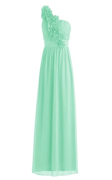 One-shoulder Pleated A-line Gown With Flowers and Band