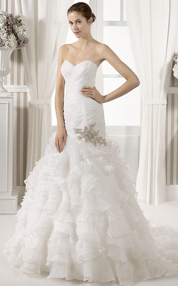 Mermaid Sweetheart Ruffled Organza Wedding Dress With Criss Cross And Cape