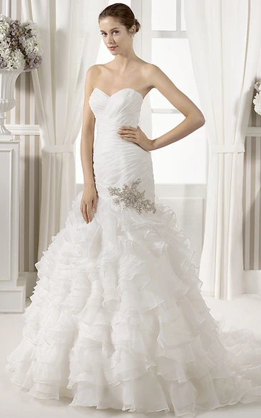 Mermaid Sweetheart Ruffled Organza Wedding Dress With Criss Cross And Cape