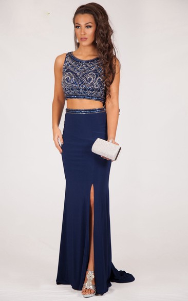 Sheath Sleeveless Floor-Length Scoop-Neck Beaded Jersey Prom Dress With Split Front