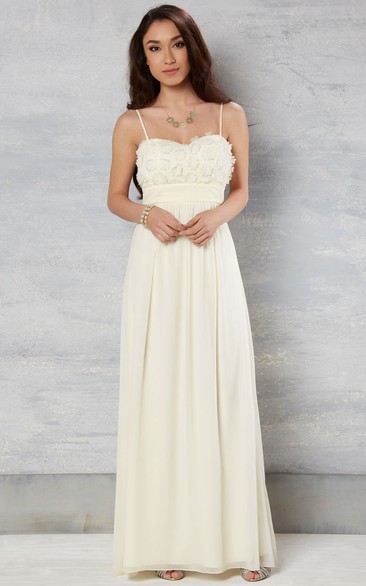 Sheath Sleeveless Floor-Length Spaghetti Floral Chiffon Wedding Dress With Pleats