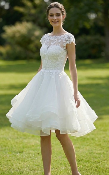 Jewel Neck Bell Sleeve Organza Mini Dress