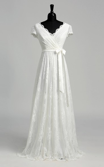 A-line Scalloped V-neck Cap Illusion Short Sleeve Floor-length Lace Wedding Dress