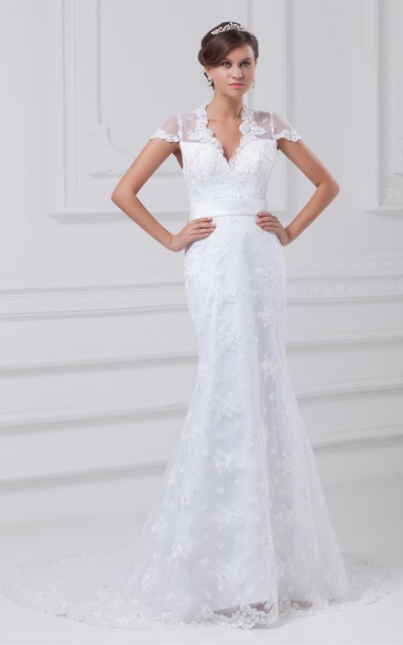 Wonderful Trumpet Mini Sleeve V Neck Satin Appliqued Wedding Dresses