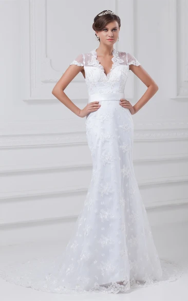 Wonderful Trumpet Mini Sleeve V Neck Satin Appliqued Wedding Dresses