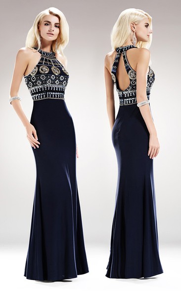 Sheath Floor-Length High Neck Sleeveless Jersey Keyhole Dress With Beading