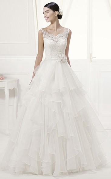 Spaghetti Straps Lace Top Layered Organza Gown With Waist Flower