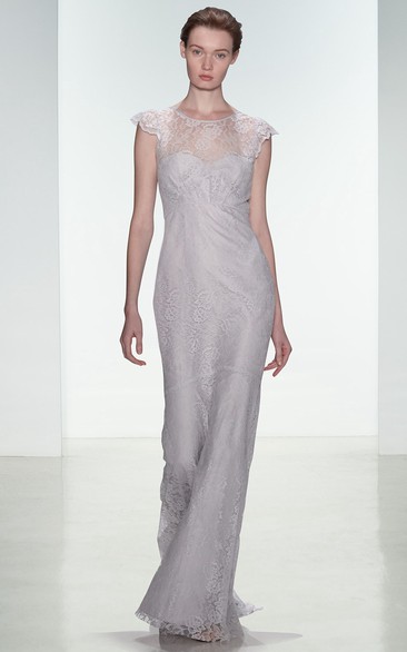 Sheath Appliqued Scoop Neck Cap Sleeve Lace Bridesmaid Dress With Deep-V Back