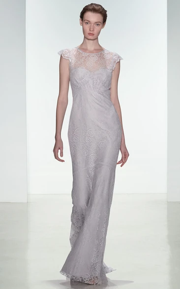 Sheath Appliqued Scoop Neck Cap Sleeve Lace Bridesmaid Dress With Deep-V Back