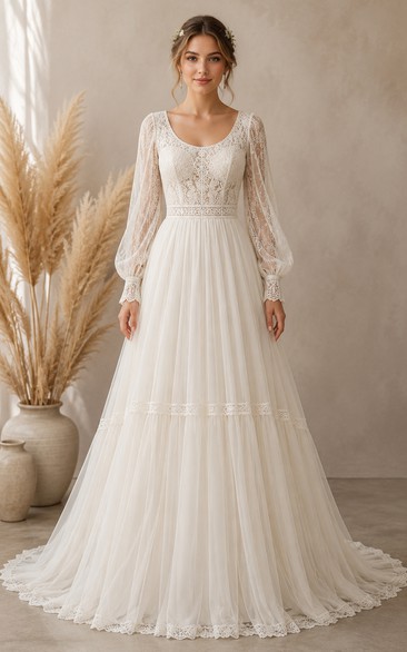 Modest Princess A-Line Wedding Dress Long Sleeve Scoop Neck Tulle Lace Chiffon Tiered Floor Length Sweep Train Ivory