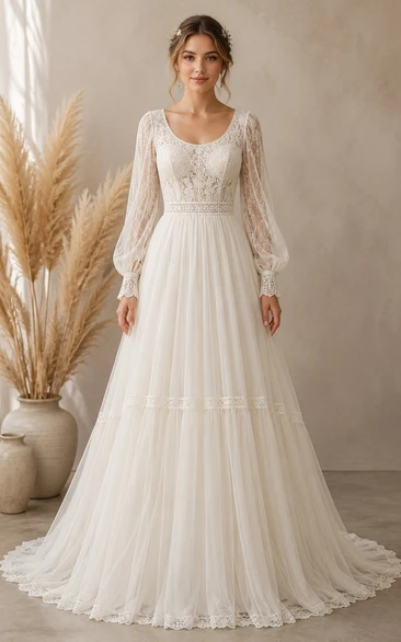 Modest Princess A-Line Wedding Dress Long Sleeve Scoop Neck Tulle Lace Chiffon Tiered Floor Length Sweep Train Ivory