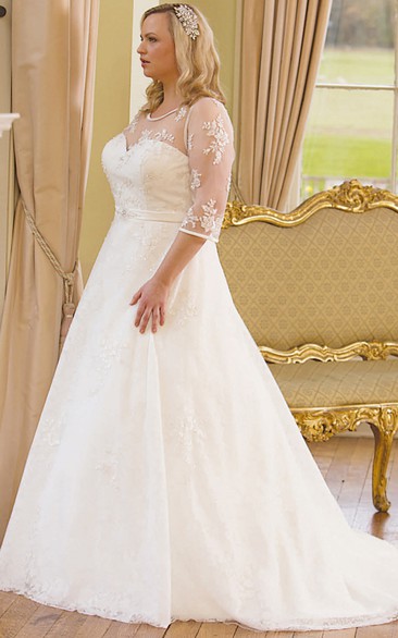A-Line Scoop-Neck 3-4-Sleeve Lace Plus Size Wedding Dress Styles With Illusion