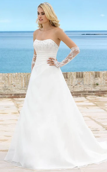 Long Strapless Beaded Chiffon Wedding Dress With Ruching