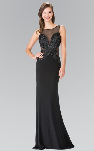 Sheath Long Bateau Sleeveless Chiffon Deep-V Back Dress With Beading