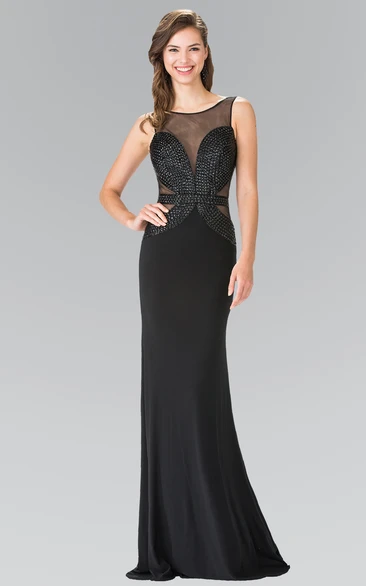 Sheath Long Bateau Sleeveless Chiffon Deep-V Back Dress With Beading