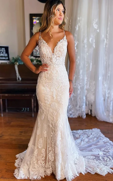 Enchanting Plunging Lace Mermaid Wedding Dress