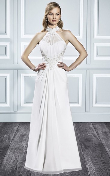 A-Line Sleeveless Floor-Length High Neck Appliqued Wedding Dress With Beading And Draping
