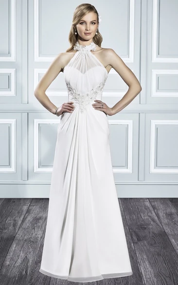 A-Line Sleeveless Floor-Length High Neck Appliqued Wedding Dress With Beading And Draping