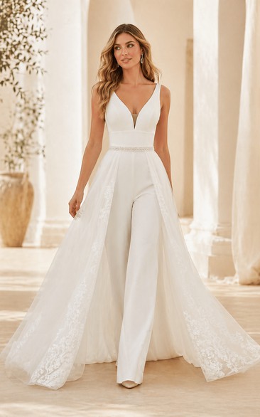 Modern V-Neck Bridal Jumpsuit with Belted Waist and Detachable Tulle Lace Overskirt