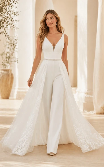 Modern V-Neck Bridal Jumpsuit with Belted Waist and Detachable Tulle Lace Overskirt