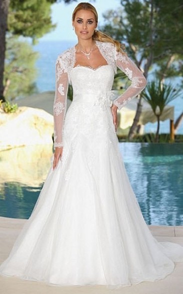 A-Line Floor-Length Sweetheart Long-Sleeve Appliqued Tulle Wedding Dress With Flower And Court Train