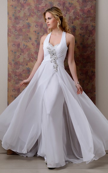 Chiffon A-Line Halter Wedding Dress With Ruching And Crystal Detailing
