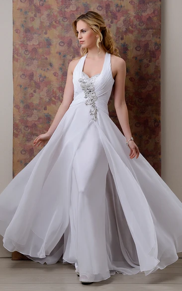 Chiffon A-Line Halter Wedding Dress With Ruching And Crystal Detailing