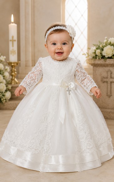 Baby Christening Gown Modest Princess Ball Gown Long Sleeve Illusion Tulle Lace Floor-Length with Bow Sash in White