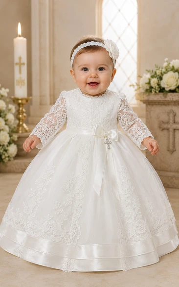Baby Christening Gown Modest Princess Ball Gown Long Sleeve Illusion Tulle Lace Floor-Length with Bow Sash in White