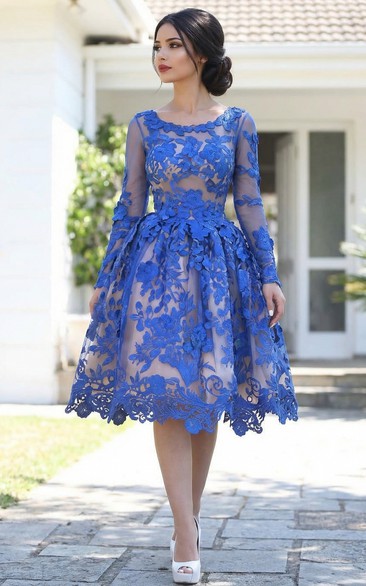 Royal Blue Applique Long Sleeve Prom Dress