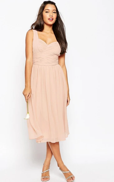 Tea-Length One-Shoulder Criss-Cross Sleeveless Chiffon Bridesmaid Dress