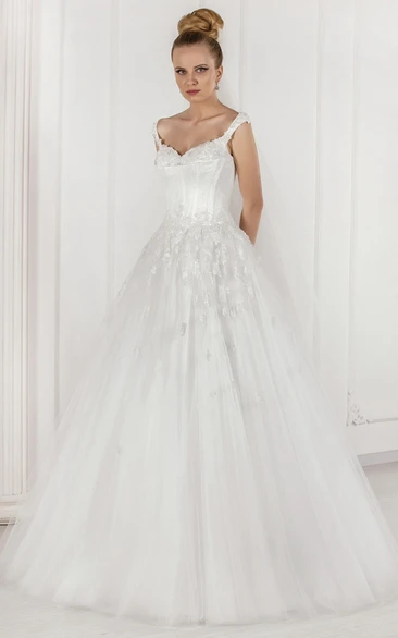 Ball-Gown Appliqued Floor-Length Sleeveless Tulle Wedding Dress With Pleats And Beading